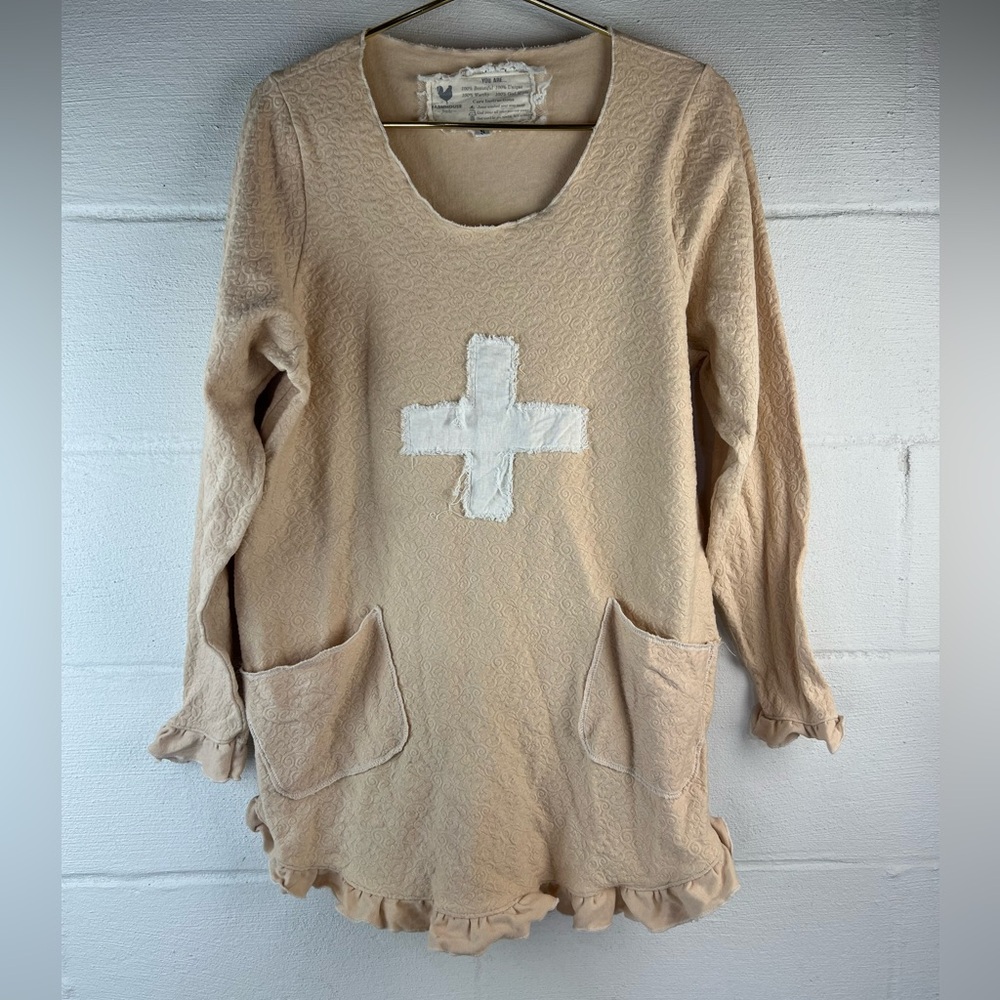 Farmhouse Frocks Peach Long Sleeve Ruffle Hem Tunic, Small